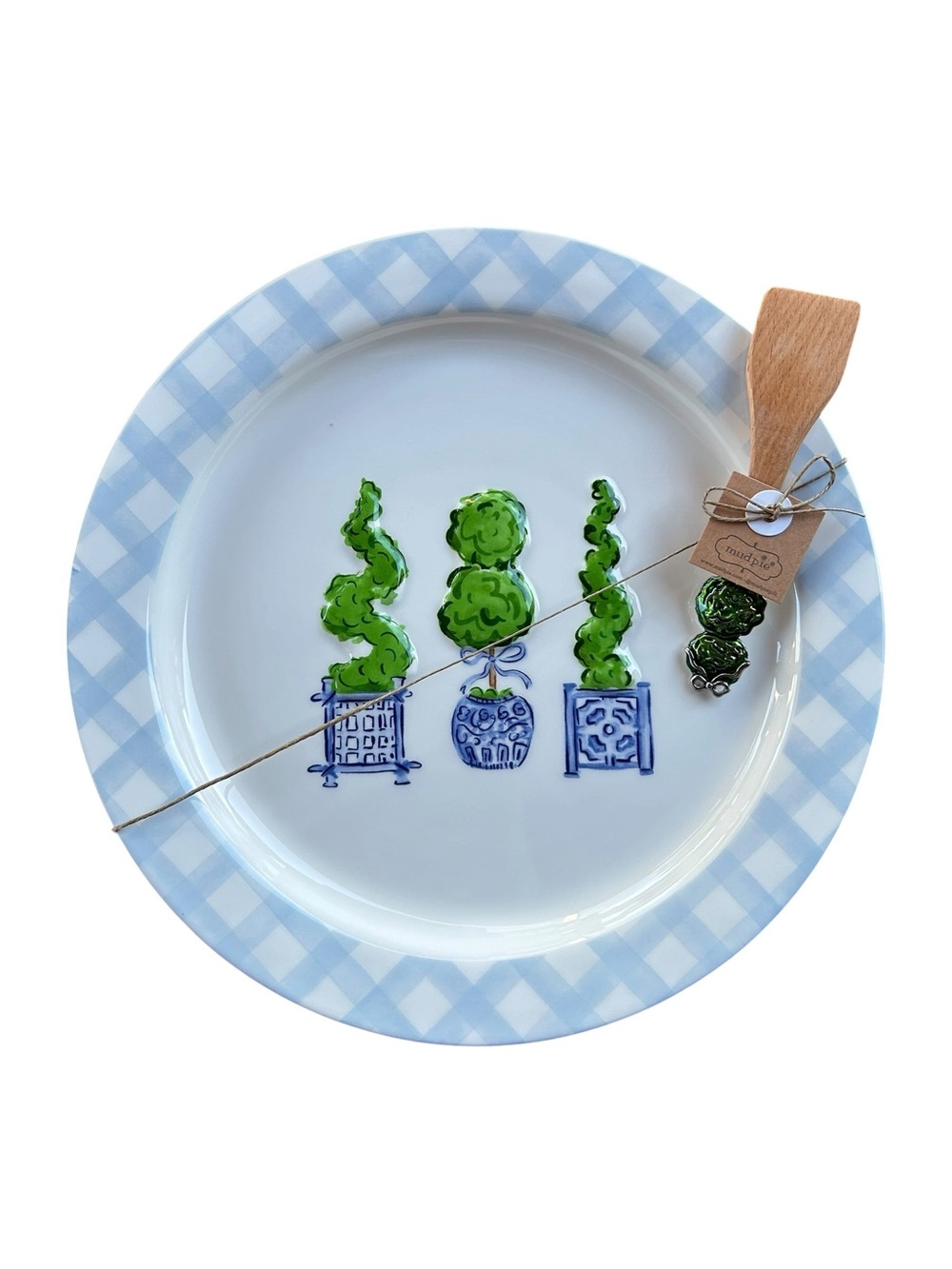 Mud Pie Topiary Round Platter Set NWT
2 piece set Ceramic platter Wooden spatula